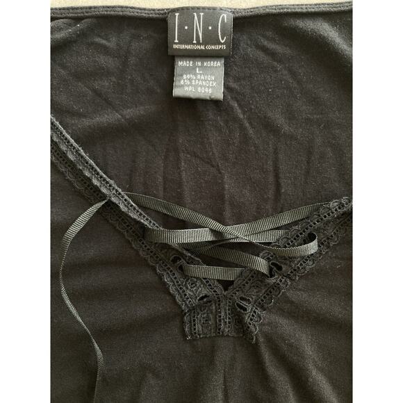 Vintage 90s Y2k Goth Boho Grunge Lace Up Ribbon Black Stretch Knit Top Size M/L - Picture 6 of 6